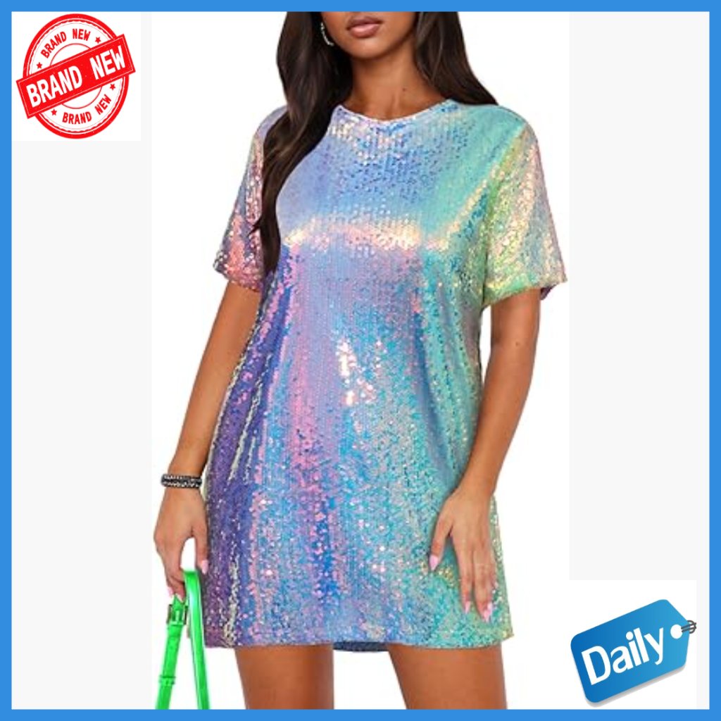 Sequin Mini Dress, Crew Neck, Backless, Sparkly Shift For Night Out